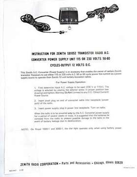 3000-1 Zenith S81052 Original Instruction Document For The Ac Adapter Converter
